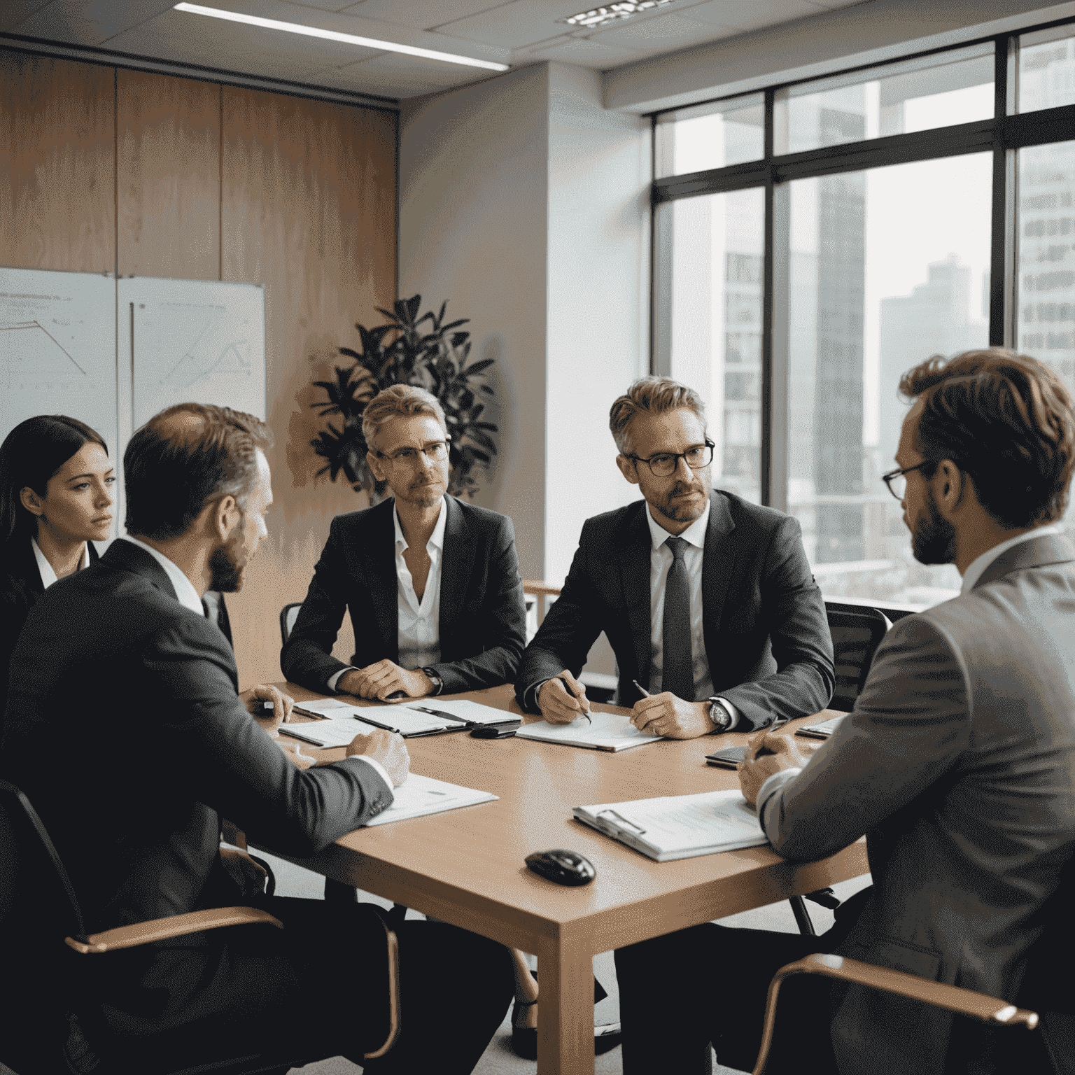 A group of business professionals in a meeting room discussing strategies and plans