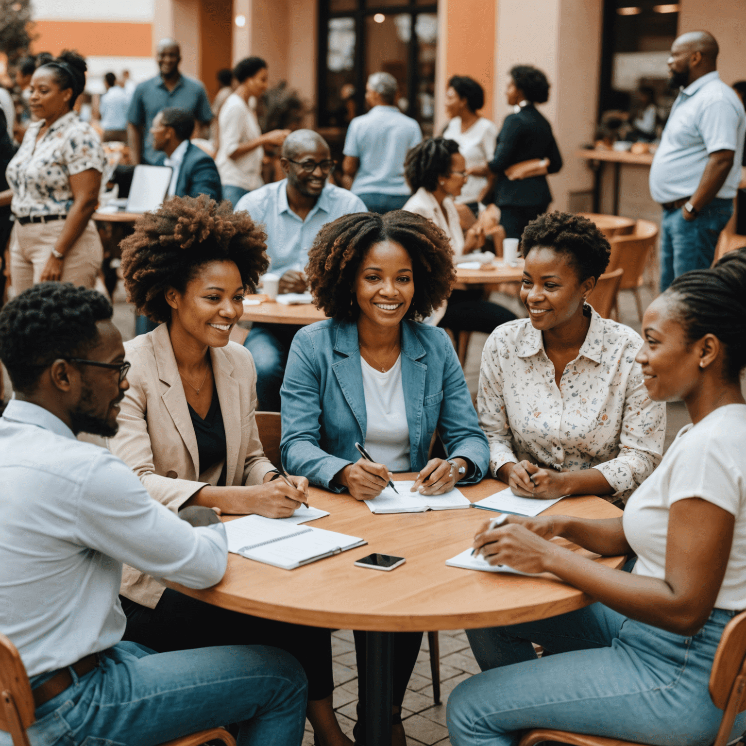 A group of diverse South African consumers participating in a market research focus group, sharing their opinions and experiences with various products and services.