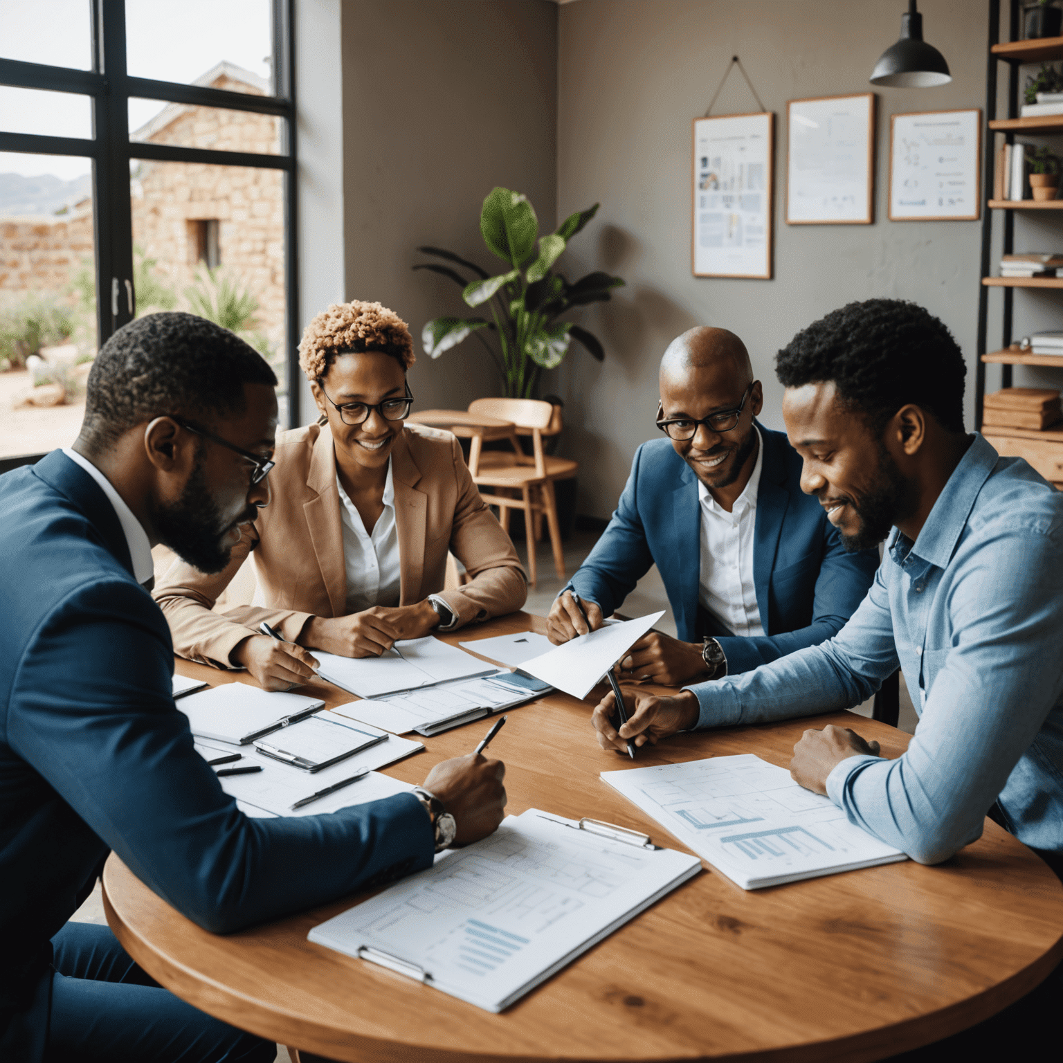 A diverse group of entrepreneurs in South Africa working together at a table, discussing business plans and strategies to overcome challenges