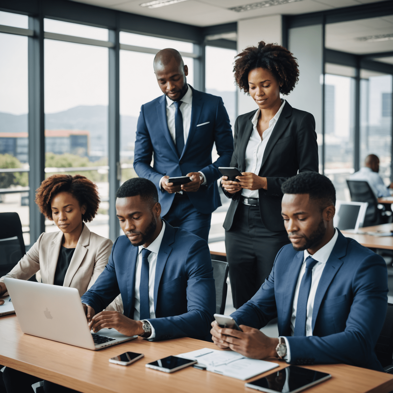 Businesspeople using digital devices in a modern office setting in South Africa