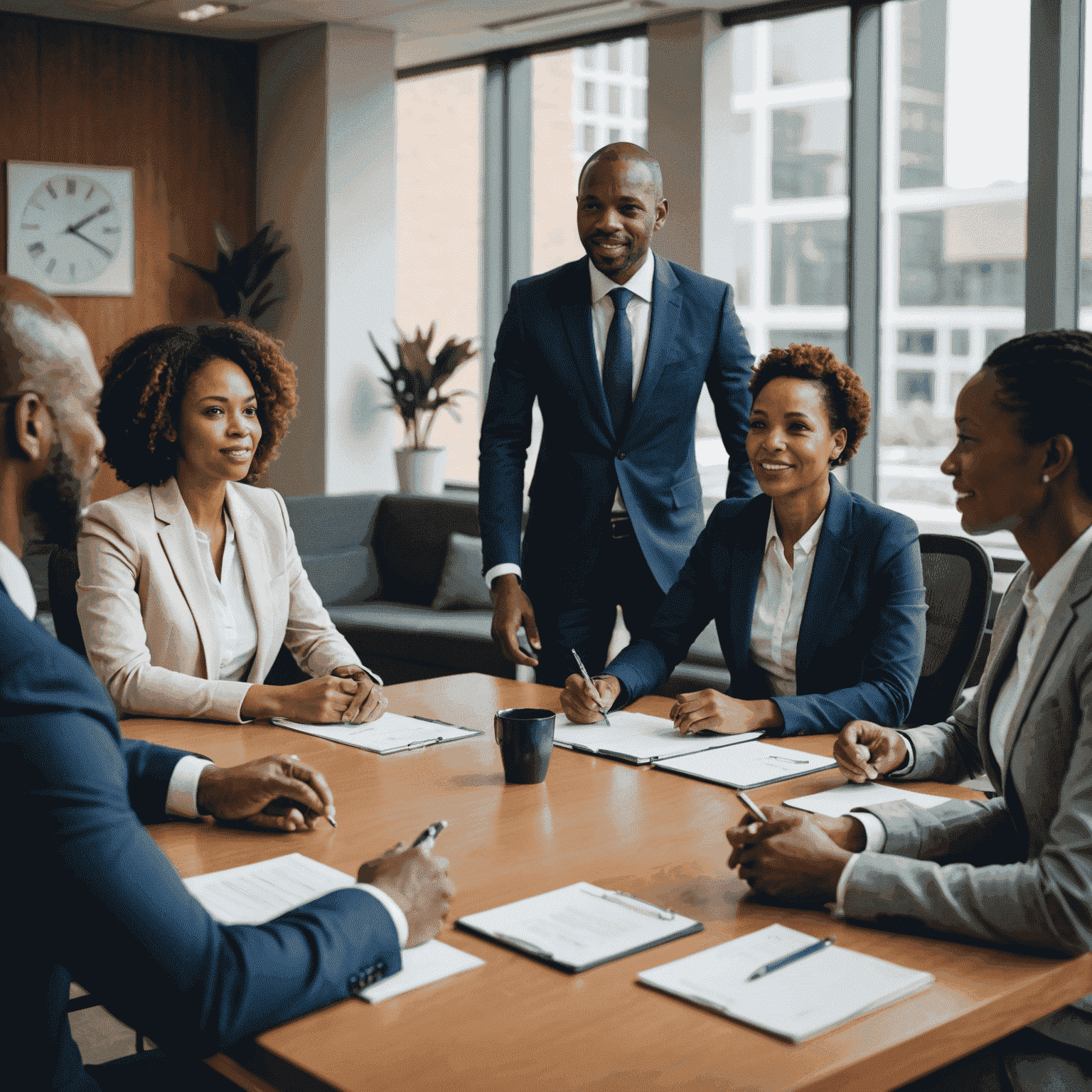 A group of diverse South African business leaders in a meeting room, discussing effective leadership strategies