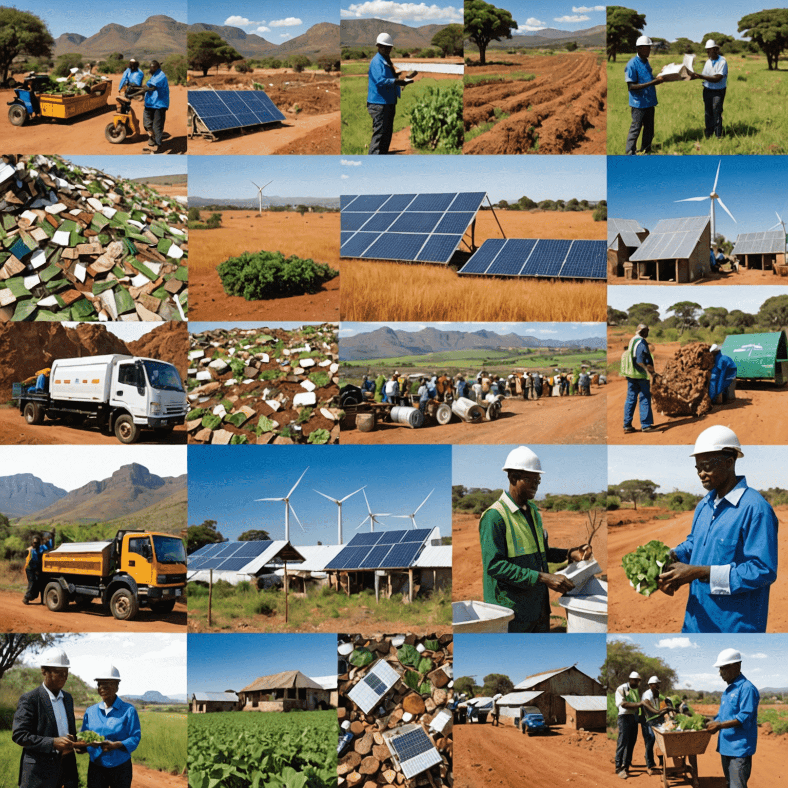 A collage of images depicting sustainable business practices in South Africa, such as renewable energy, waste reduction, and community development projects